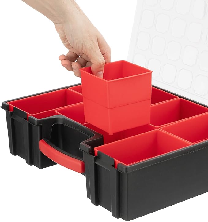 INTERTOOL Hardware Organizer with 8 Deep Removable Bins - Small Parts Storage Tool Box for Nuts, Bolts, Screws, Nails - 16.5" x 13" x 4.5" - Portable Handle Transparent Lid with Locks BX08-4034