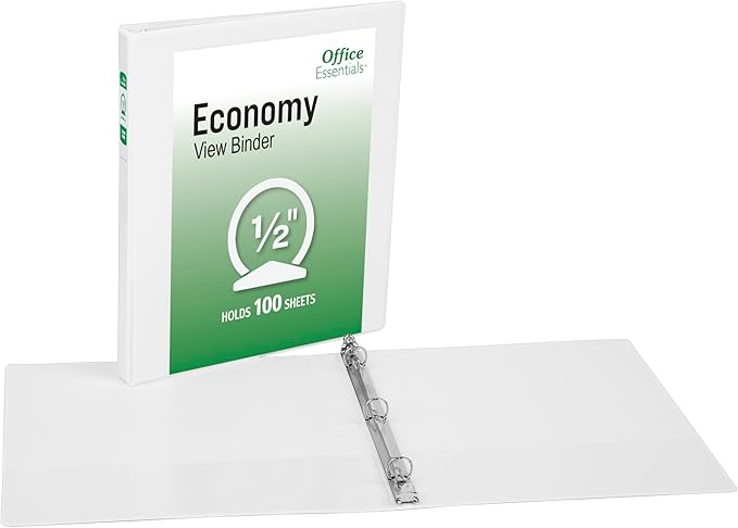 Office Essentials Economy View 3 Ring Binders, 0.5" Round Rings, 0.7" Spine, 100-Sheet Capacity, White Binders, Ideal for Occasional Use and Light Referencing (4-Pack of 03124)