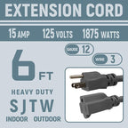 6 FT 12 Gauge Extension Cord Outdoor, Heavy Duty Weatherproof & Flame Retardant Black 3 Prong Power Cord, Outside for Garden & Lawn, 15 Amps 1875 Watts 125 VAC 12AWG SJTW, UL Listed