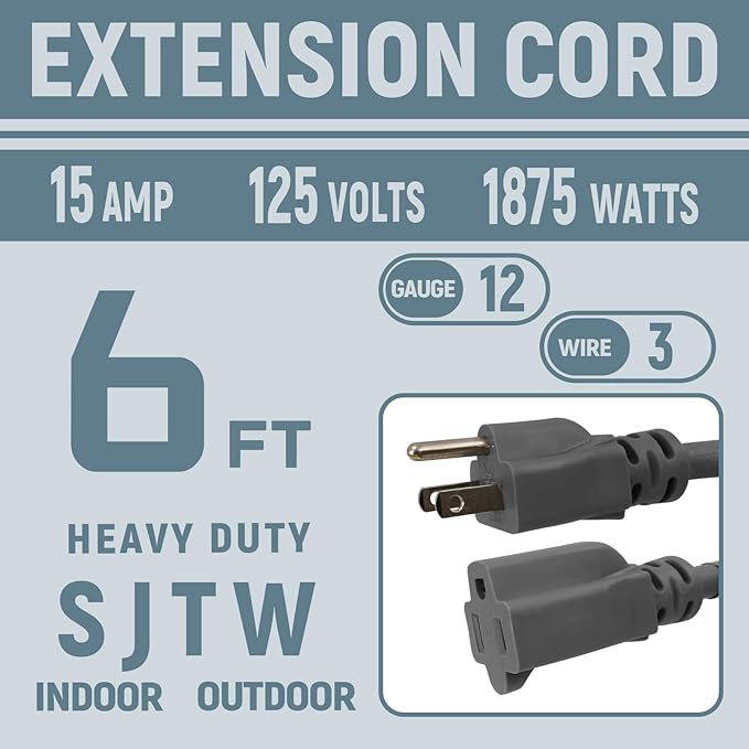 6 FT 12 Gauge Extension Cord Outdoor, Heavy Duty Weatherproof & Flame Retardant Black 3 Prong Power Cord, Outside for Garden & Lawn, 15 Amps 1875 Watts 125 VAC 12AWG SJTW, UL Listed
