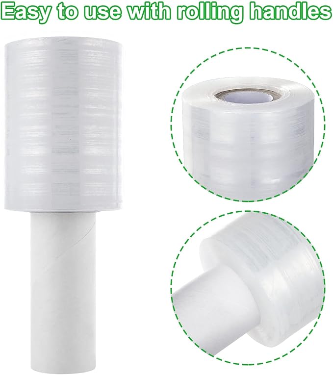 6 Pack Stretch Wrap Film with Handle, 80 Gauge Thick Industrial Strength Hand Stretch Wrap, 4" x 1000 Ft Plastic Pallet Shrink Film Heavy Duty Self-Adhering Plastic Wrap for Packing, Moving