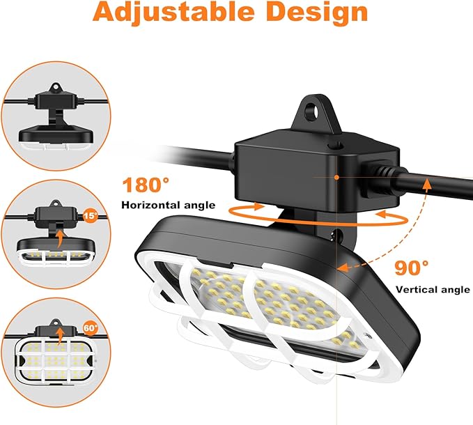 50ft LED Construction String Lights,Super Bright 7500lm 75w Adjuest 90&180 Degrees On Both Sides Waterproof IP66 Led String Work Lights, Construction Temporary Lights (50ft-Adjustable 5lights).