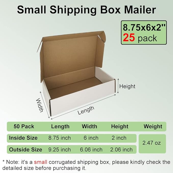 9x6x2'' Small Shipping Boxes 25 Pack, White Corrugated Cardboard Literature Mailers, Mailing Packaging Supplies for Small Business (W962-25)