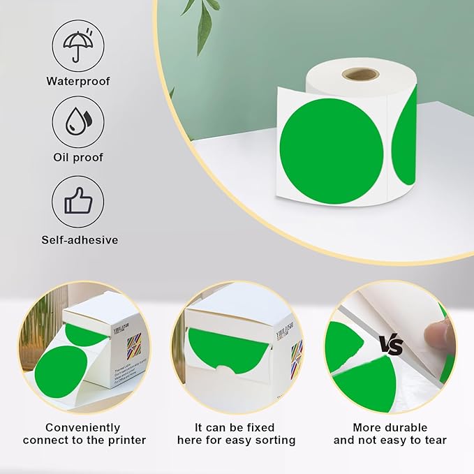 3 x 3Inch Round Color Coding Labels Circle Thermal Labels Printable Waterproof 500Pcs Round Stickers Adhesive Writable for Office,Home,Garage,DIY Sticker,Barcodes,Name Tag, Green