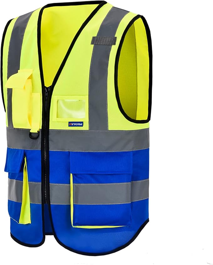 A-SAFETY Reflective Safety Vest, Hi Vis 9 Pockets High Visibility Zipper Front Safety Vest, Yellow&Blue Color Mixed, L