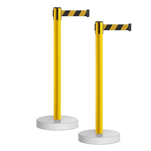 Crowd Control Warehouse - CCW Set of 2 Retractable Belt Barrier Stanchion, Water Fillable Base MSH630-11 Foot Belt, Black/Yellow Belt with Yellow PVC Plastic Post