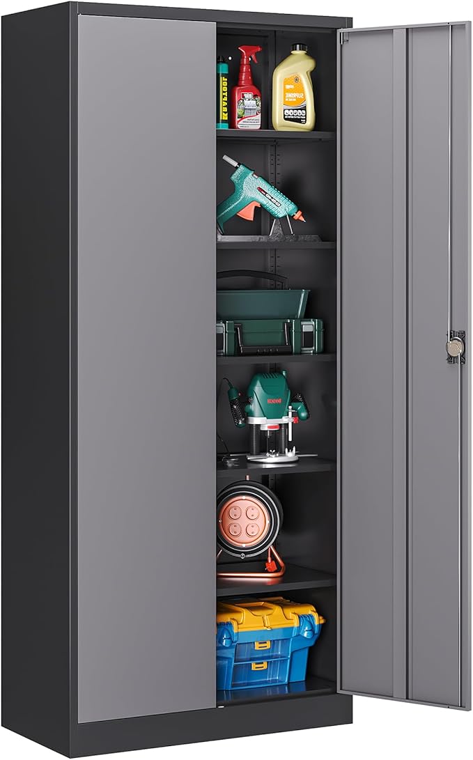 Metal Garage Storage Cabinet,71" H Tall Tool Cabinet with 2 Doors and 5 Adjustbale Shelves,Lockable Tool Cabinet for Garage,Basement,Home Office