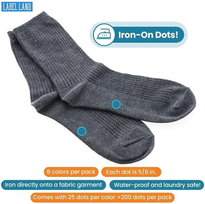 Color Coded Iron On Dot Labels - 200pcs, 8 Colors (25 Each Color) for Clothes & Laundry Organization, Round Clothing Labels for Adults and Kids, Washer & Dryer Safe
