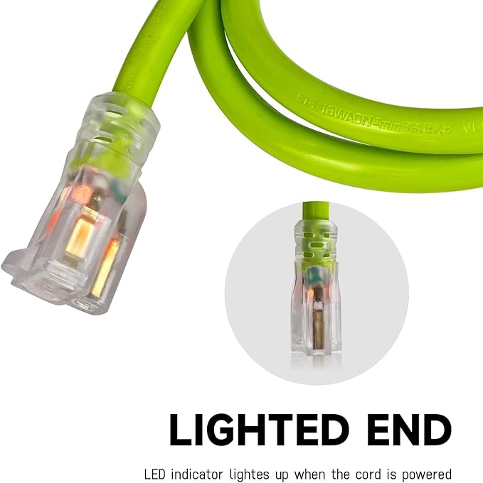 EP 50 Ft Lighted Outdoor Extension Cord - 10/3 SJTW Heavy Duty Green Extension Cable with 3 Prong Grounded Plug for Safety, UL Listed