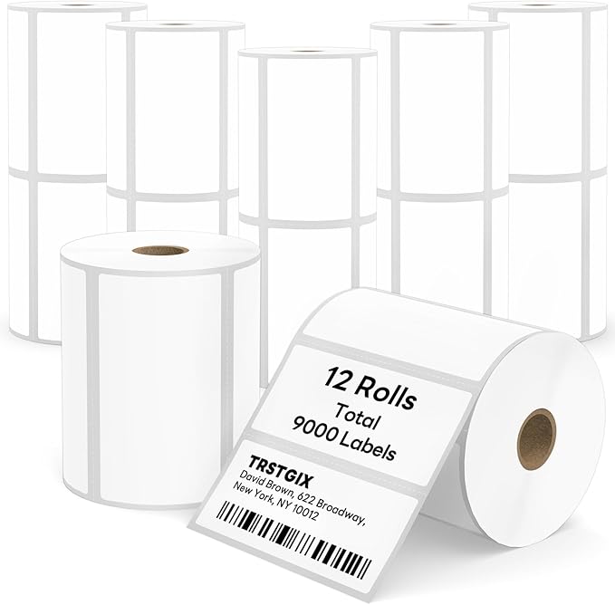 4" x 2" Direct Thermal Labels, Strong Adhesive Barcode & Return Address Stickers Compatible with Zebra, Rollo, Munbyn & Most Desktop Thermal Printers (12 Rolls / 9,000 Labels), TRSTGIX