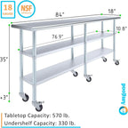 AmGood Stainless Steel Work Table with 2 Shelves and Casters | Metal Utility Table On Wheels (Stainless Steel Work Table with 2 Shelves + Casters, 84" Long x 18" Deep)