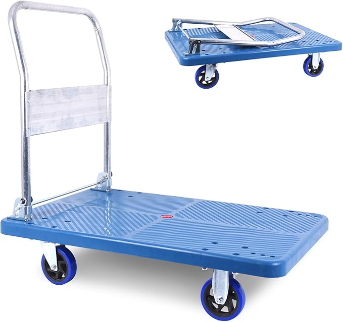 Doppy Flatbed Cart, 660lbs Heavy Duty Capacity Platform Hand Truck 360 Degree Swivel Wheels Foldable Push Hand Cart for Loading and Storage, Warehouse (Blue)