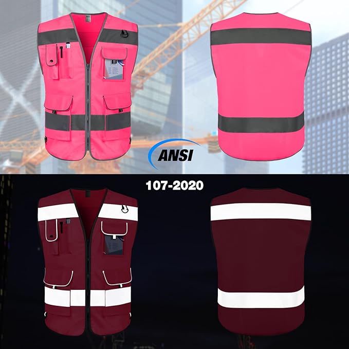 TCCFCCT Pink Safety Vest for Men Women 9 Pockets High Visibility Reflective Vest for Safety, Work Vest with Reflective Strips, Meets ANSI/ISEA Standards, Medium