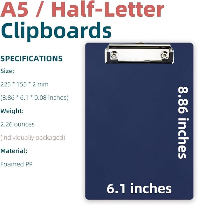Small Clipboards 6" X 9" Mini Clipboards 4-Pack Portable A5 Size Half Letter Menu Pads Receipt Clips for School Office Restaurant Cafe Hotel