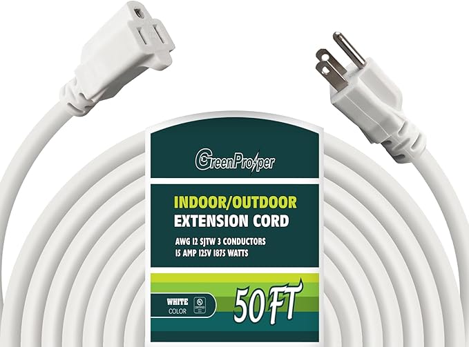 50 FT 12 Gauge Extension Cord Outdoor, Heavy Duty Weatherproof & Flame Retardant Black 3 Prong Power Cord, Outside for Garden & Lawn, 15 Amps 1875 Watts 125 VAC 12AWG SJTW, UL Listed