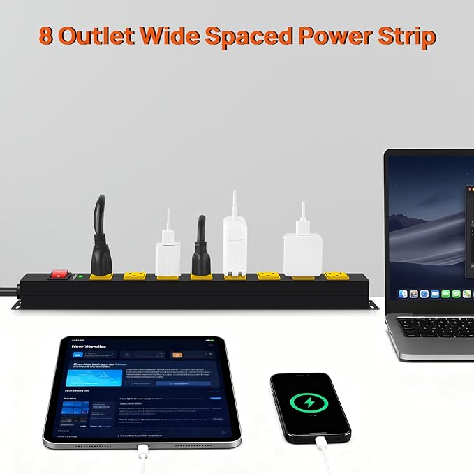ANNQUAN Metal 8 Outlet Mountable Power Strip with 1200J Surge Protector,Wall Mount Heavy Duty Long Power Strip,Wide Spaced Outlet with Switch,3FT Cord