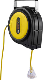 VEVOR 80FT Retractable Extension Cord Reel, 12AWG/3C SJTOW Heavy Duty Power Cord w/Lighted Electrical Triple Tap Outlets, 15A Circuit Breaker,180° Swivel Bracket for Workshop or Garage, Yellow