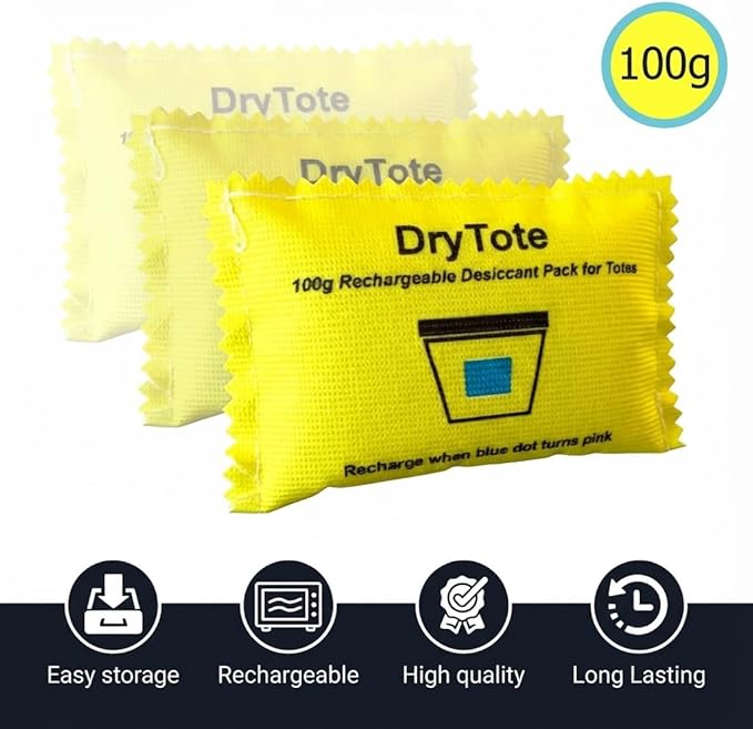 DryTote Rechargeable Desiccant Pack, Ultimate Moisture Absorption, Color Change Indicator, Safe Storage Protection, Large Capacity 200 Gallons, 100g, Yellow