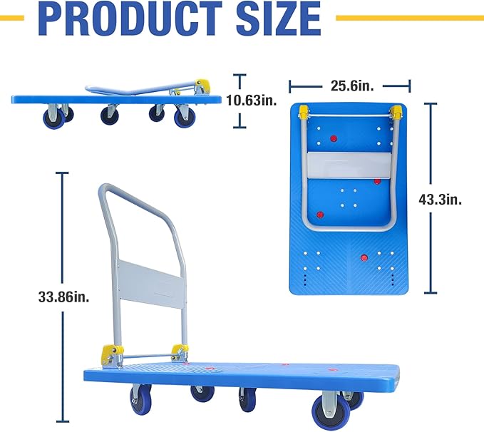 Flatbed Cart, Heavy Duty 1320lbs Capacity Platform Hand Truck 360 Degree Swivel Wheels Foldable Push Hand Cart for Loading and Storage, Blue