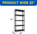 63''H Garage Shelving Heavy Duty, 1600LBS Storage Shelves, 5-Tier Adjustable Metal Shelve Storage Shelf Rack, Industrial Shelving Unit for Garage, Warehouse, Basement (23" W x 15.7" D x 63" H)
