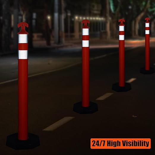 Traffic Delineator Post Cones with Heavy-Duty Octagonal Rubber Base, Channelizer Post Kit for Road Construction Work, Traffic Guidance, Garage Parking, Crowd Control (3, 42")