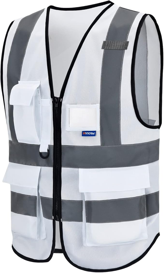 A-SAFETY 6XL-8XL,Hi Reflective Safety Vest,Hi Vis Bright Neon Colors Safety Vest with 4 Reflective Strips 7 Pockets(White)