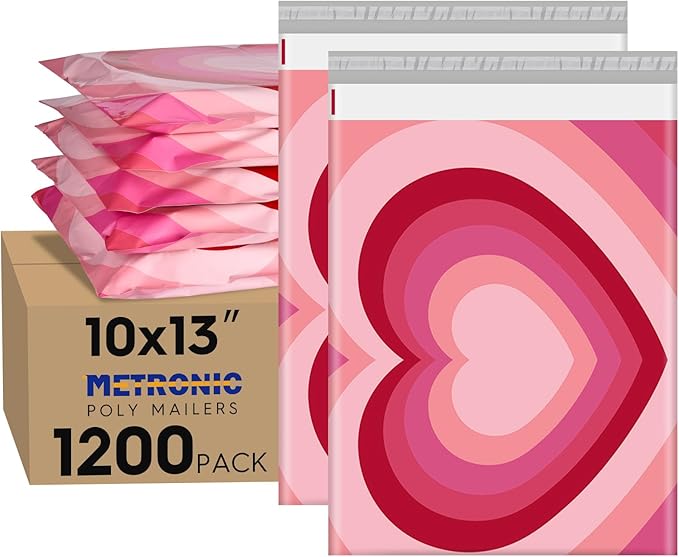 Metronic Poly Mailers 10x13" 1200pc Bulk Shipping Bags for Clothes,Strong Adhensive Shipping Envelopes for Small Business,Waterproof Mailers Poly Bags for Shipping,Packaging Mailing Bags Pink Heart