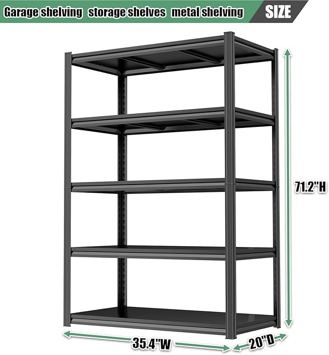 72"H Storage Shelves 5 Tier Garage Shelving Unit 3000LBS Metal Shelving Heavy Duty Adjustable storage rack for Basement, Warehouse, Pantry, Closet, Kitchen 72" H x 39.4" W x 19.7" D, Black