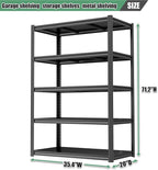72"H Storage Shelves 5 Tier Garage Shelving Unit 3000LBS Metal Shelving Heavy Duty Adjustable storage rack for Basement, Warehouse, Pantry, Closet, Kitchen 72" H x 39.4" W x 19.7" D, Black