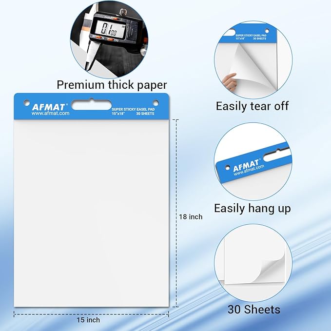 AFMAT Sticky Mini Easel Pads, 15 in x 18 in Flip Chart Paper for Teachers, Super Sticky & Bleed-Resistant, Self-Stick Easel Paper for Office/Classroom/Whiteboard/Wall/Windows, 30 Sheets/Pad, 8 Pads