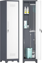 GREATMEET Slim Locking Metal Garage Storage Cabinet, 65" Lockable Utility Closet, Tall Steel Narrow Broom Closet Storage Cabinets with Door and Shelves for Laundry Room, Bathroom, White & Grey