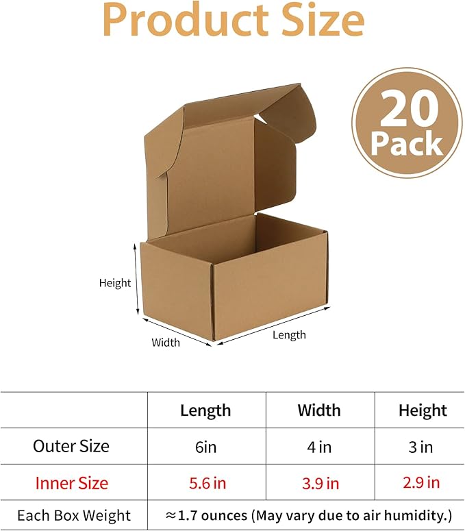Trwcrt Shipping Boxes 6x4x3 Set of 20, Corrugated Cardboard Box for Packing Small Business, Brown