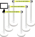 Retractable Stanchion, 6 SPECIALTY Posts + Signframe, 36" Ht, 78" Special Event & Holiday Theme Belt + Bonus Replacement Cassettes + Wall Receiver (WHT Post/Caution Belt)