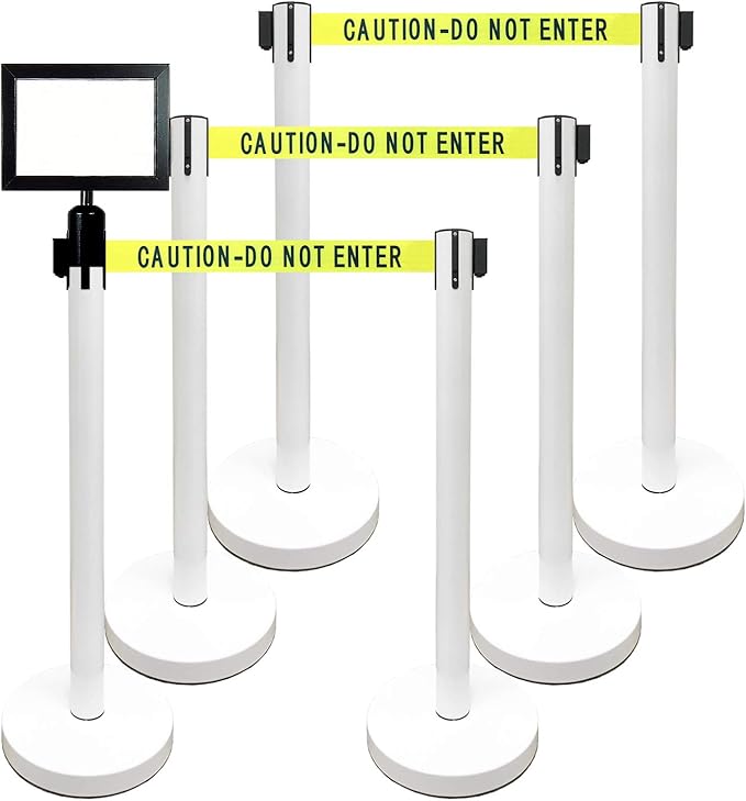Retractable Stanchion, 6 SPECIALTY Posts + Signframe, 36" Ht, 78" Special Event & Holiday Theme Belt + Bonus Replacement Cassettes + Wall Receiver (WHT Post/Caution Belt)