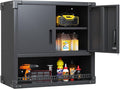 Metal Wall Mounted Cabinet with Locking Doors, Open Shelf, Adjustable Hanging Garage Storage Cabinet, Floating Upper Tool Cabinets for Shop, Kitchen, Bathroom (Black, 30''W x 12''D x 30''H)
