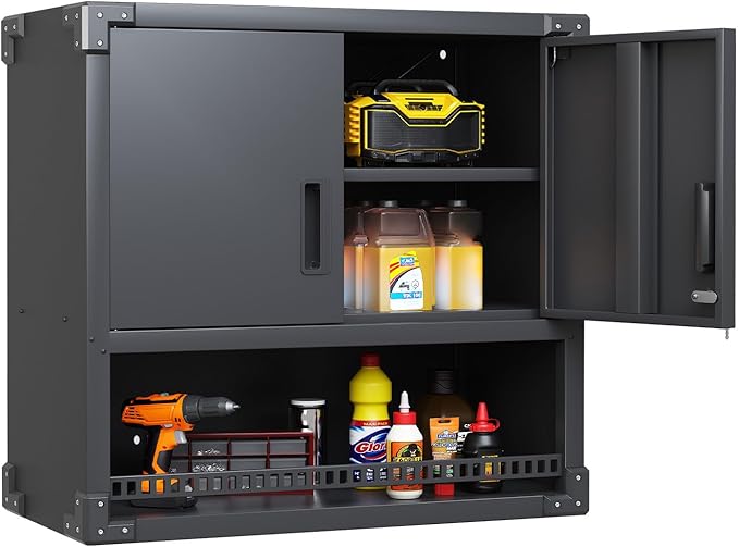 Metal Wall Mounted Cabinet with Locking Doors, Open Shelf, Adjustable Hanging Garage Storage Cabinet, Floating Upper Tool Cabinets for Shop, Kitchen, Bathroom (Black, 30''W x 12''D x 30''H)