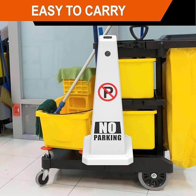 No Parking Sign, 26.4-Inch Traffic Safety Cone, White Plastic, High-Visibility, Weatherproof, Slip-Resistant Base, Stackable, Indoor Outdoor Use-8Pack