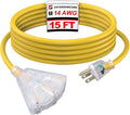 EP 15 Ft Lighted Outdoor Extension Cord with 3 Electrical Power Outlets - 14/3 SJTW Heavy Duty Yellow Extension Cable with 3 Prong Grounded Plug - Power Cord for Lawn, Garden, Appliances