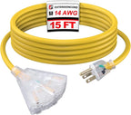 EP 15 Ft Lighted Outdoor Extension Cord with 3 Electrical Power Outlets - 14/3 SJTW Heavy Duty Yellow Extension Cable with 3 Prong Grounded Plug - Power Cord for Lawn, Garden, Appliances