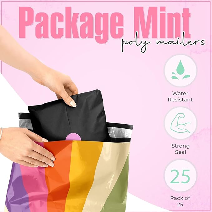 10x13 Poly Mailers – Retro Rainbow – Waterproof, Tear-Resistant Shipping Bags with Adhesive Seal – 25 Pack – Package Mint