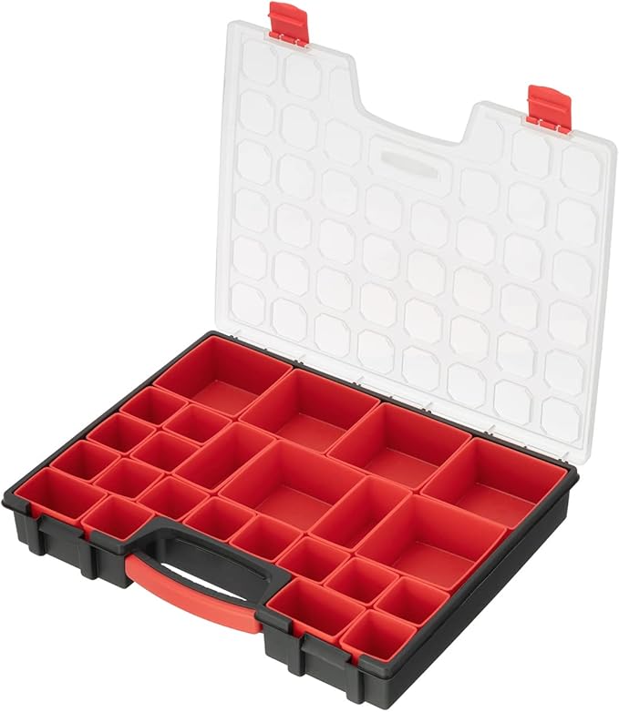 INTERTOOL Hardware Organizer with 24 Removable Bins - Small Parts Storage Tool Box for Nuts, Bolts, Screws, Nails - Portable Handle Transparent Lid with Locks BX08-4033