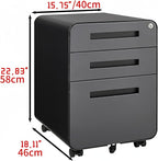 Modern 3-Drawer Mobile File Cabinet, Dark Grey Metal Filing Cabinet with Lock, Under-Desk Rolling File Storage with 5 Wheels, Legal/Letter/A4 Hanging File Compatible, 15.75" W x 18.11" D x 22.83" H