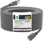 EP 100 Ft Outdoor Extension Cord, 12/3 SJTW Heavy Duty Extension Cable with 3 Prong Grounded Plug, 15 AMP Power Cord for Lawn, Garden, Appliances, Gray