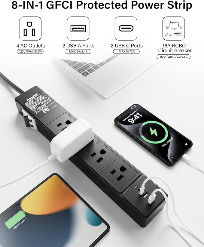 4-Outlet GFCI Power Strip with 4 USB Ports (2 USB-C), 6FT Heavy Duty Surge Protected Extension Cord, 15A/1875W, Wall Mountable Outlet Extender for Garden, Office, Pressure Washer, Lawn