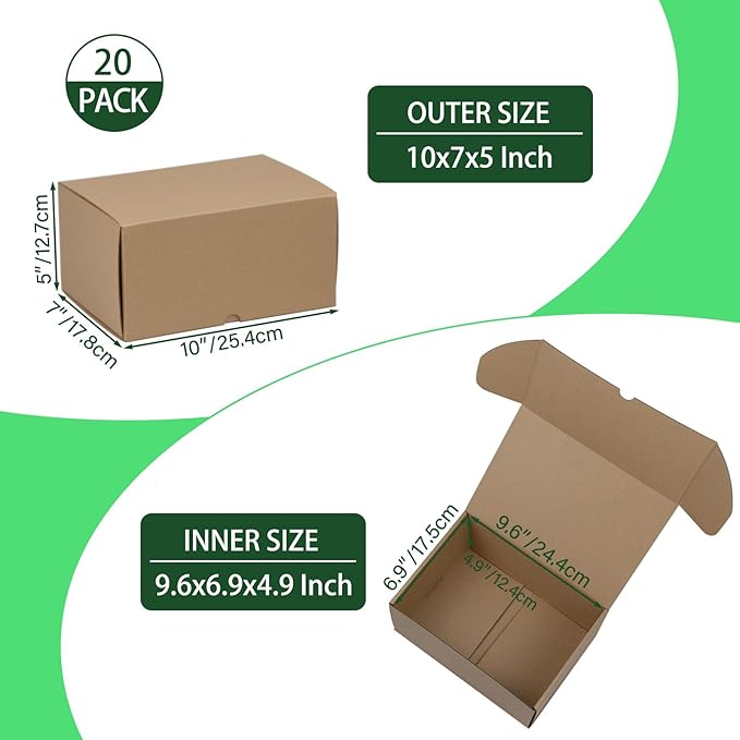 10x7x5 Inches Shipping Boxes Set of 20, Brown Corrugated Cardboard Box Literature Mailer for Packing Small Business