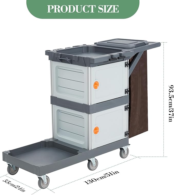 Janitorial Cart with 2 Cabinet, Commercial Cleaning Cart On Wheels with Cover, Shelves, and Oxford Bag, Housekeeping Cleaning Caddy Service Carts for School Hotel Apartment