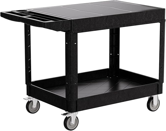 2-Tier Rolling Tool Cart,Heavy-Duty Plastic Service Cart with Lipped Shelves,550 lbs Capacity Utility Cart,Flat Top 46 x 26 Inch Rolling Work Carts for Garage,Salon,Kitchen,Office-Black