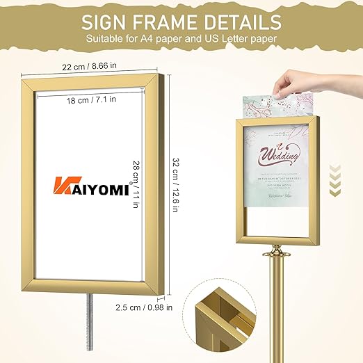 kaiyomi 8Pcs Stanchions Posts Velvet Ropes with Red Carpet and Sign Frame, Water or Sand-Fillable Base, Suitable for 8.5" x 11" A4 Paper Size Sign Frame for Red Carpet Party Decoration (Golden)