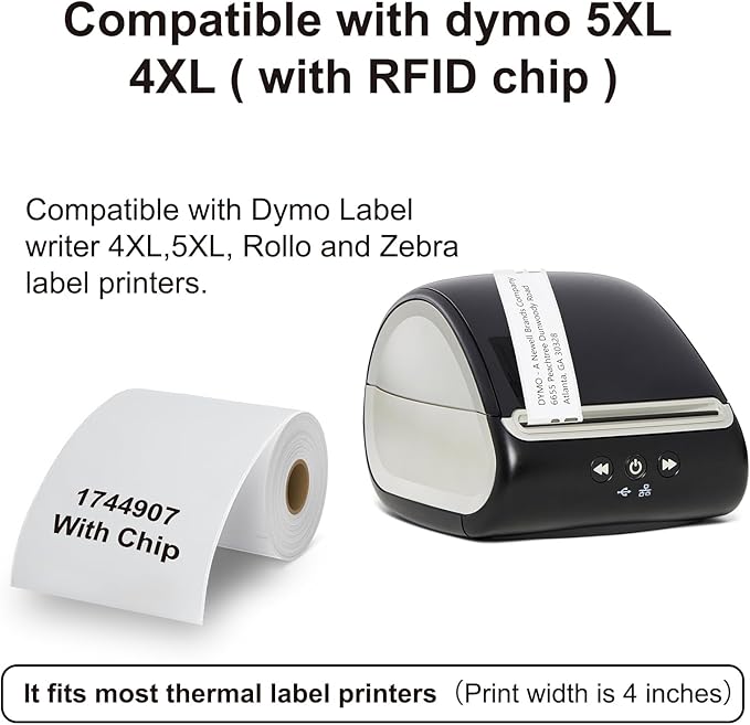 Hehua 10-Roll 1744907 with RFID Chip, 4 x 6 Direct Thermal Printer Shipping Labels, Compatible with DYMO LabelWriter 5XL 4XL LW Extra-Large Internet Postage Labels, 4" x 6" Size, Total 2200 Quantity