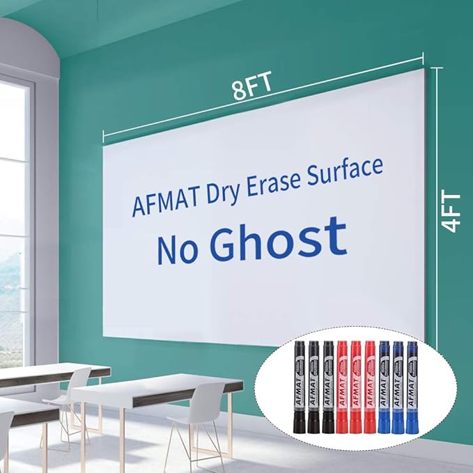 AFMAT Whiteboard for Wall, 8 x 4 ft White Board Sticker, 96 x 48 inches Dry Erase Wallpaper, Peel and Stick Whiteboard Contact Paper Roll for Wall/Table/Doors/Glass/Fridge, 9 Dry Erase Markers